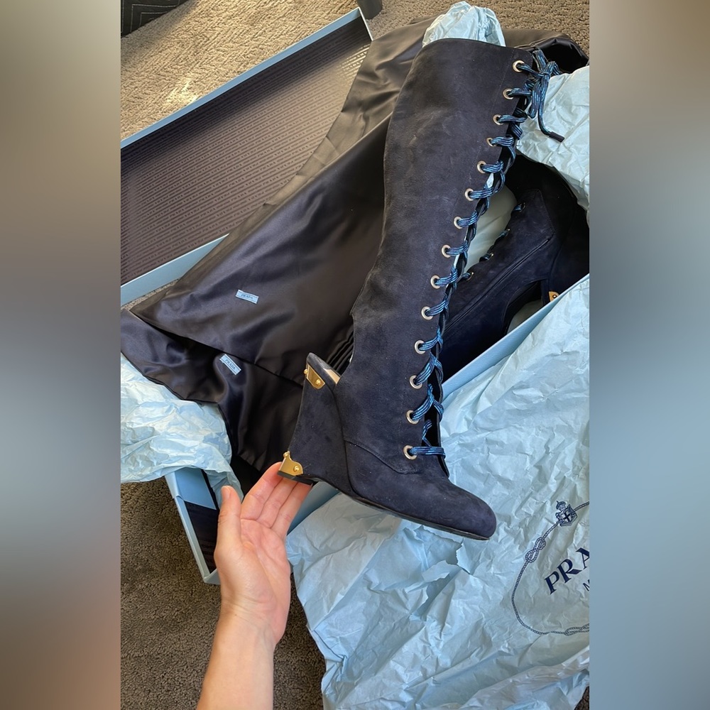 PRADA DARK BLUE LACED KNEW OPEN HEEL BOOTS SIZE 6.5 (36.5 Italian size) - Picture 16 of 17